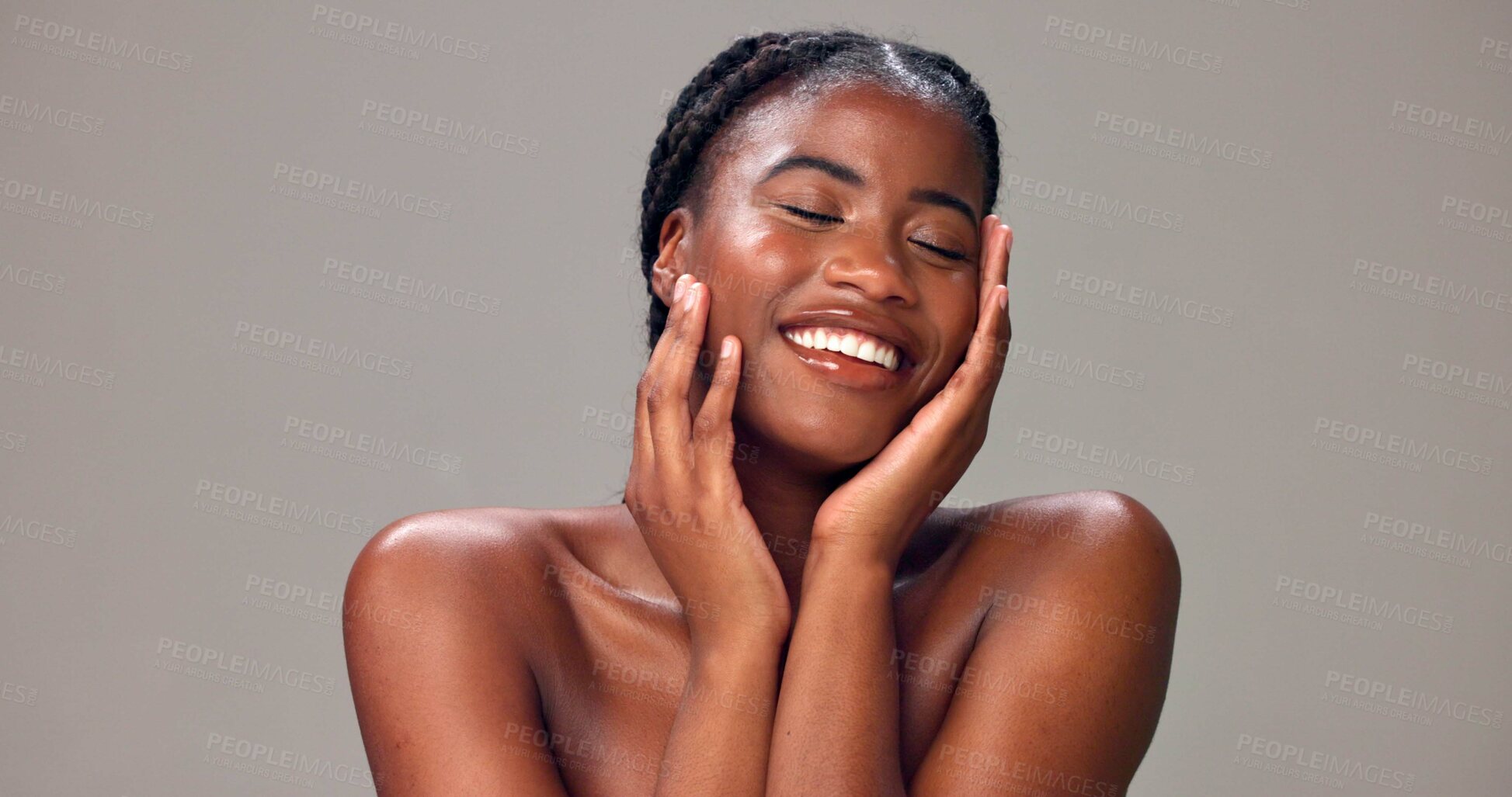 Buy stock photo Skincare, glow and woman in studio, happy and healthy skin with dermatology, beauty and mockup space. Soft, face and black person with smile, gray background and self care for wellness with cosmetics