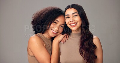 Buy stock photo Portrait, women and friends in studio, haircare and nourishment of texture, growth and mockup space. White background, embrace and people with smile for hairstyle, cosmetics or pride for self care