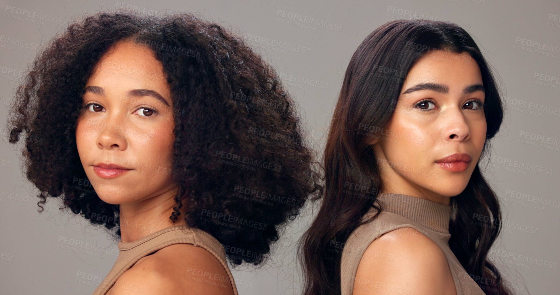 Buy stock photo Portrait, hair care and women in studio, beauty and cosmetics on gray background. People, shine and texture with volume, natural salon treatment and aesthetic with scalp maintenance, glow and shampoo