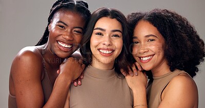 Buy stock photo Happy women, portrait and beauty with multiracial skin tone for cosmetics on studio background. Female people, interracial or diversity with smile for skincare, health or wellness in salon or spa