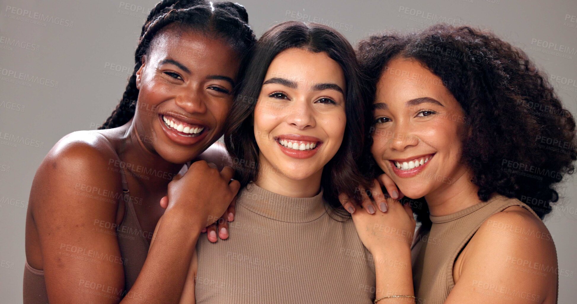 Buy stock photo Happy women, portrait and beauty with multiracial skin tone for cosmetics on studio background. Female people, interracial or diversity with smile for skincare, health or wellness in salon or spa