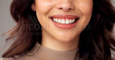 Buy stock photo Mouth, closeup and woman in studio. smile and beauty with dental hygiene on gray background. Happy, teeth whitening and person with oral health, skincare and fresh breath with cosmetics and wellness