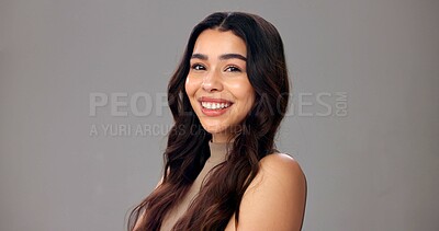 Buy stock photo Haircare, cosmetics and woman with smile, portrait or maintenance of texture, shine and mockup space. White background, person and confident for healthy hair, wellness and self care for hairstyle