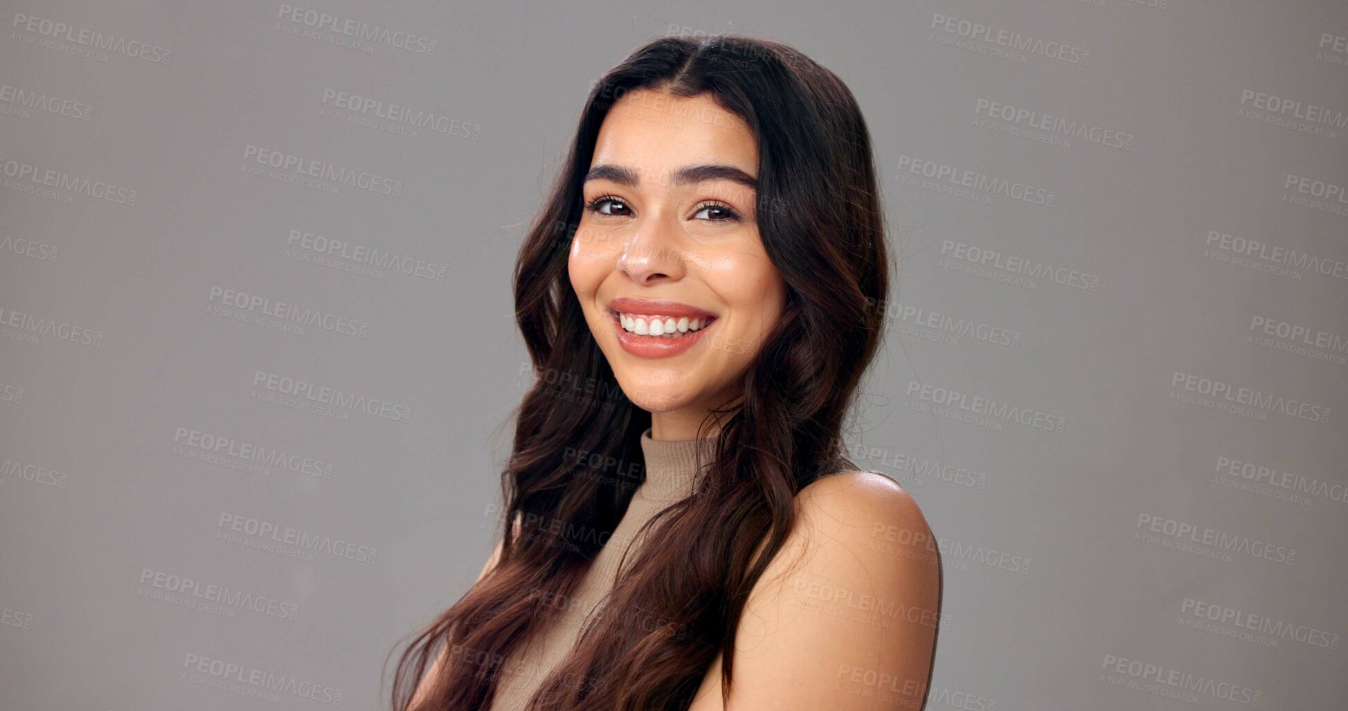 Buy stock photo Haircare, cosmetics and woman with smile, portrait or maintenance of texture, shine and mockup space. White background, person and confident for healthy hair, wellness and self care for hairstyle