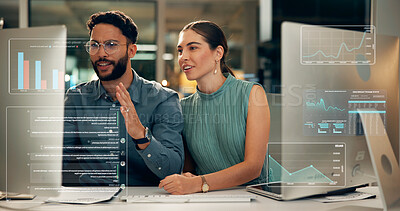 Buy stock photo Stock exchange, overlay or business people with computer for data analysis, late market research or teamwork. Investment growth, pc or brokers talk for trade choice, revenue charts or graphs at night