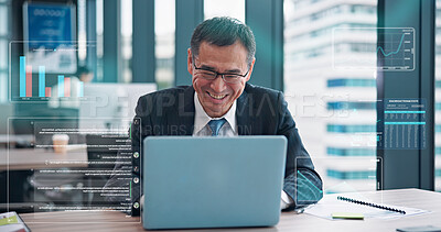 Buy stock photo Laptop, overlay and businessman on office with research for finance review with budget planning. Computer, hologram and mature male financial manager with fintech for investment proposal in workplace
