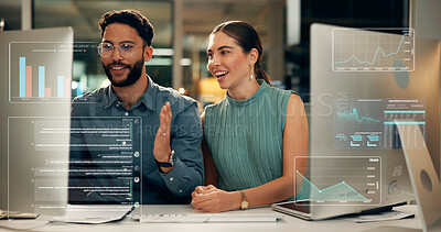Buy stock photo Stock exchange, overlay or business people with pc for data analysis, late market research or teamwork. Investment growth, computer or brokers talk for trade choice, revenue charts or graphs at night