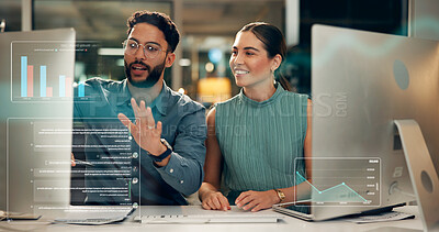 Buy stock photo Stock exchange, talk or business people with computer for data analysis, late market research or teamwork. Investment growth, pc or brokers with overlay for trade choice, charts or graphs at night