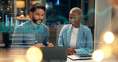 Buy stock photo Stock exchange, overlay or people with computer for data analysis, late market research or teamwork. Investment growth, technology or brokers with bokeh for trade decision, charts or graphs at night