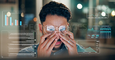 Buy stock photo Overlay, eye strain or man in office at night, graph or spreadsheet mistake in report. Bokeh, glasses or financial analyst in agency with vision fatigue, trading prep or investment loss in overtime. 