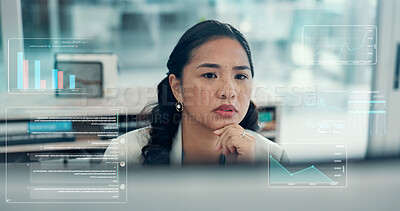 Buy stock photo Overlay, thinking and trading with business woman in office for review of digital charts or graphs. Hologram, planning and stock market with Asian employee at desk in workplace for financial analysis