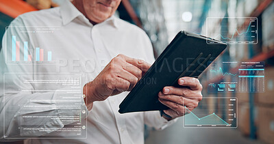 Buy stock photo Warehouse, hands and tablet with overlay for logistics data, inventory metrics or stock. Technology, man and employee with distribution app for storage management, shipping and supply chain chart