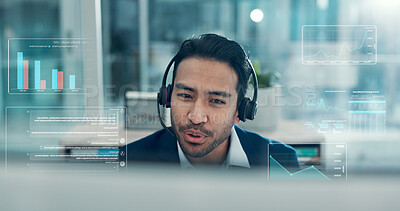 Buy stock photo Telemarketing, man and talk in office with tech for insurance sale, growth stats and graphs overlay. Person, contact client and discussion for lead generation, market survey info and data collection.