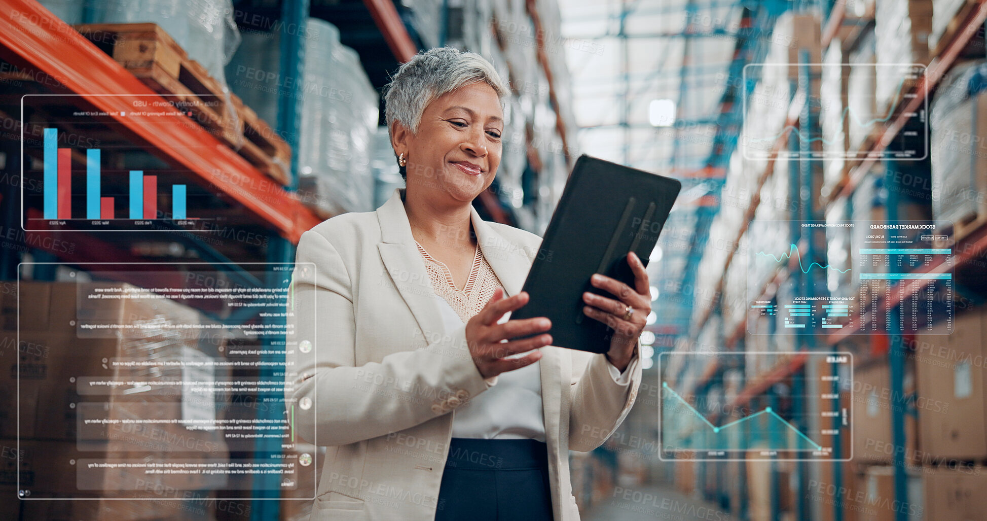 Buy stock photo Graphs, overlay or woman in warehouse with tablet, inventory or data audit in stock check. Logistics, review or mature operation manager in depot with tech, stats or product control in supply chain.