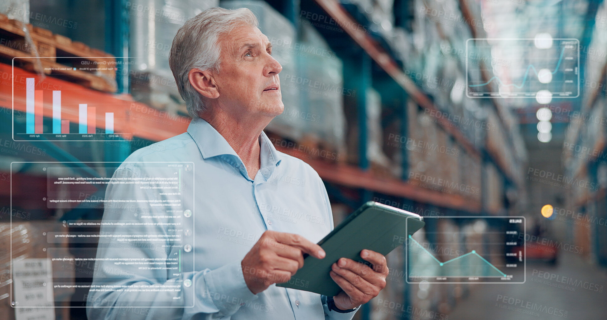 Buy stock photo Thinking, overlay and logistics manager in warehouse with tablet for online order information. Digital technology, hologram and mature male supply chain employee with data, statistics or graphs.