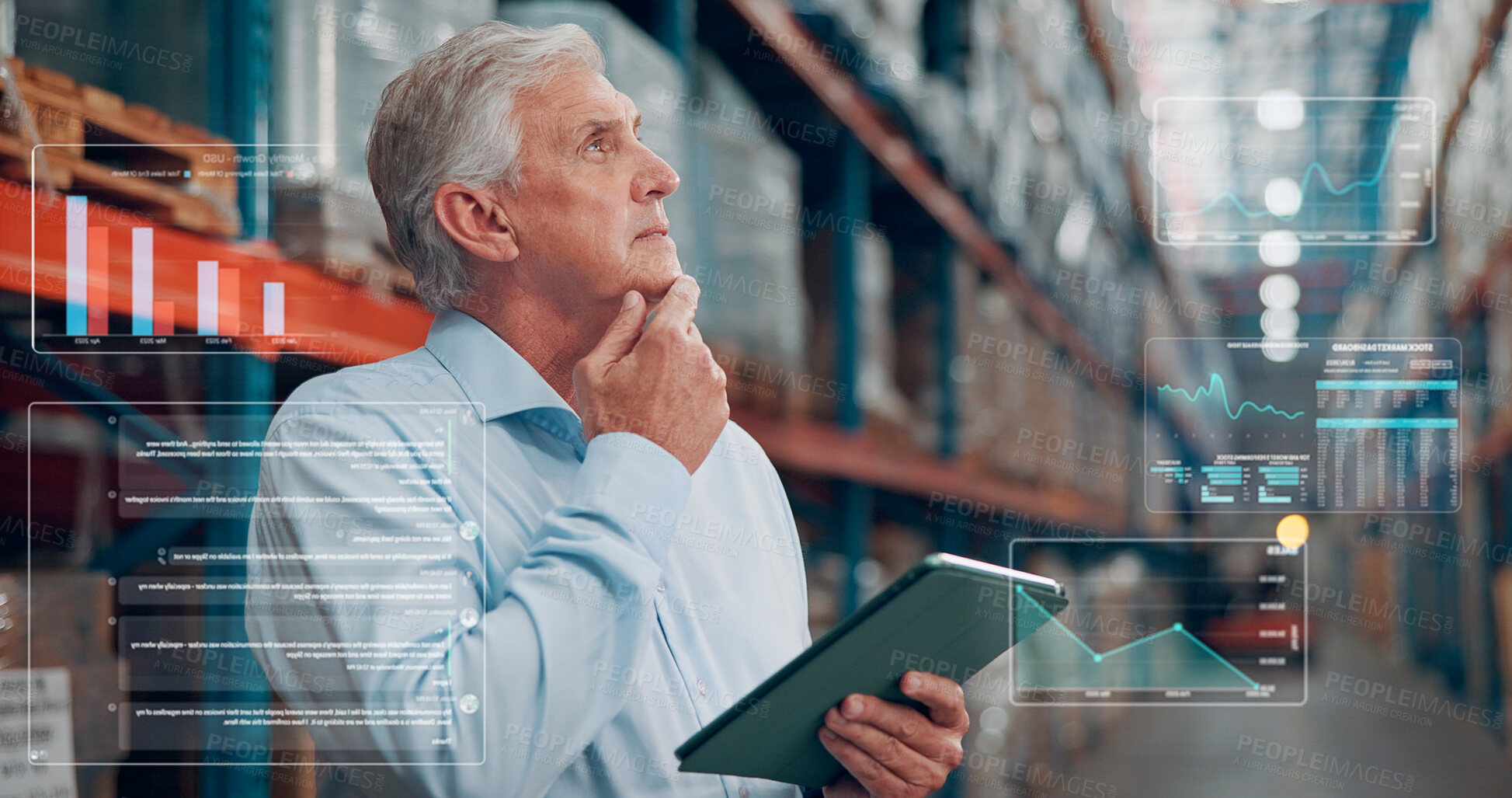 Buy stock photo Thinking, overlay and supply chain manager in warehouse with tablet for online order information. Digital technology, hologram and mature male logistics employee with ideas for delivery at factory.