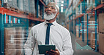 Thinking, overlay and black man in warehouse with tablet for online order information. Digital technology, supply chain and African mature male person with ideas for delivery at factory with hologram