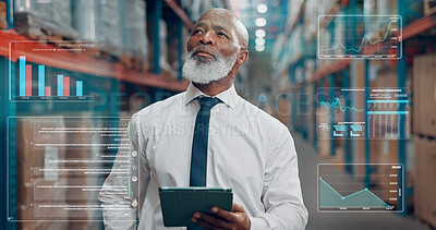 Buy stock photo Thinking, overlay and black man in warehouse with tablet for online order information. Digital technology, supply chain and African mature person with ideas for delivery at factory with statistics.