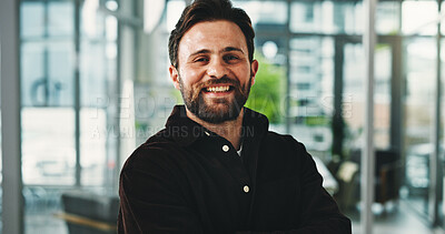 Buy stock photo Portrait, creative and man with smile in office for career pride, about us and reporting news. Happy, journalist and confident with ambition, copywriting experience and employee at publication agency