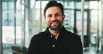 Buy stock photo Portrait, financial advisor or happy man in office for career development, pride or about us. Investment management, professional or corporate consultant smile for opportunity, confident or workplace