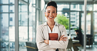 Buy stock photo Business woman, smile and arms crossed at office with career, pride and confidence at finance company. Person, broker and advisor at workplace with portrait, happy and job at investment agency