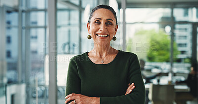 Buy stock photo Portrait, financial advisor or mature woman with arms crossed in business office, pride or about us.Investment management, professional or consultant with smile, career development or confidence