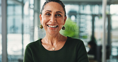 Buy stock photo Happy, creative and woman with portrait in office for career pride, about us and reporting news. Mature person, journalist and ambition with copywriting experience, confident and publication company