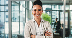 Happy, business woman and arms crossed with portrait for about us, corporate career and finance ambition. Accountant, confidence and investment consultant for asset management, smile and pride