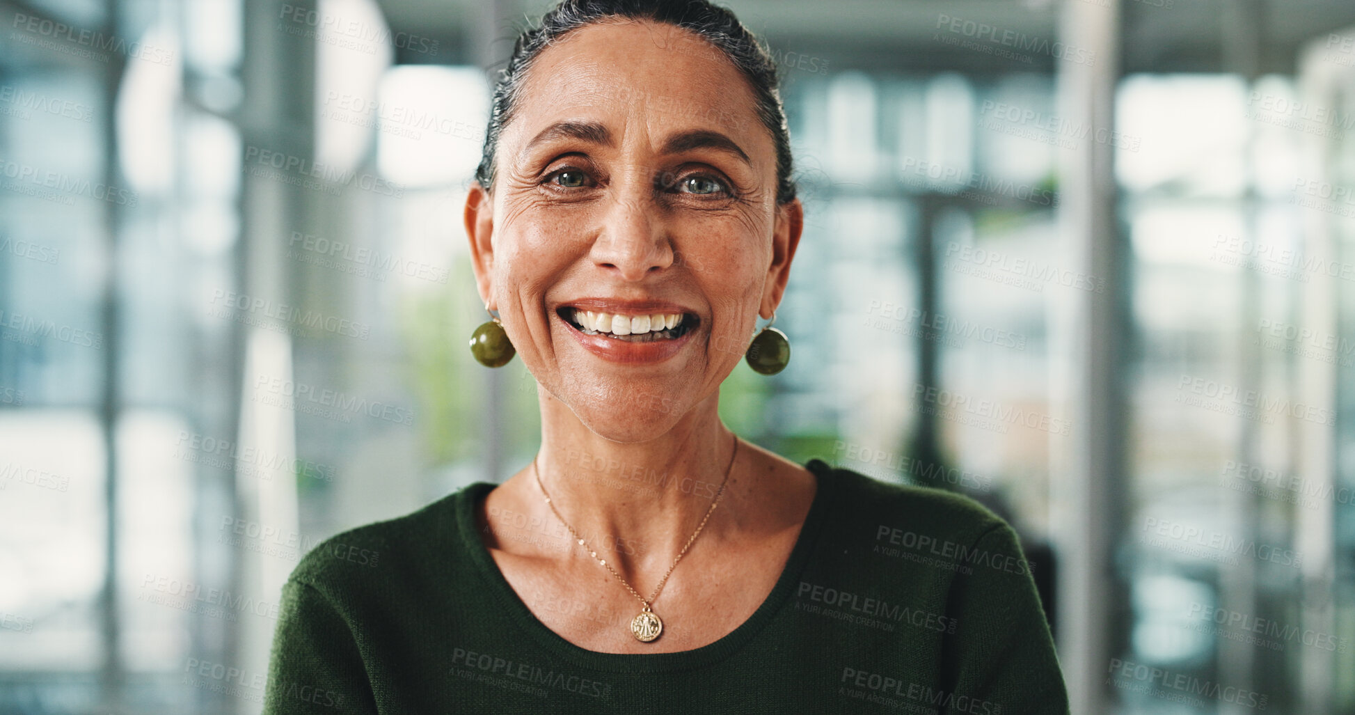 Buy stock photo Portrait, mature woman and smile in office for career pride, about us and reporting news. Female person, journalist or ambition with copywriting experience, confident employee and publication company
