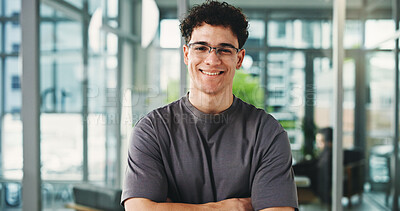 Buy stock photo Portrait, digital marketing or happy man with arms crossed in office for career growth, pride or about us. Advertising, confident or marketer with smile in agency, campaign opportunity or branding