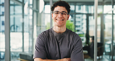 Buy stock photo Portrait, programmer and man with arms crossed, smile and glasses with confidence. Happy person, employee and career ambition in workplace, eyewear or business owner with web designer or clear vision