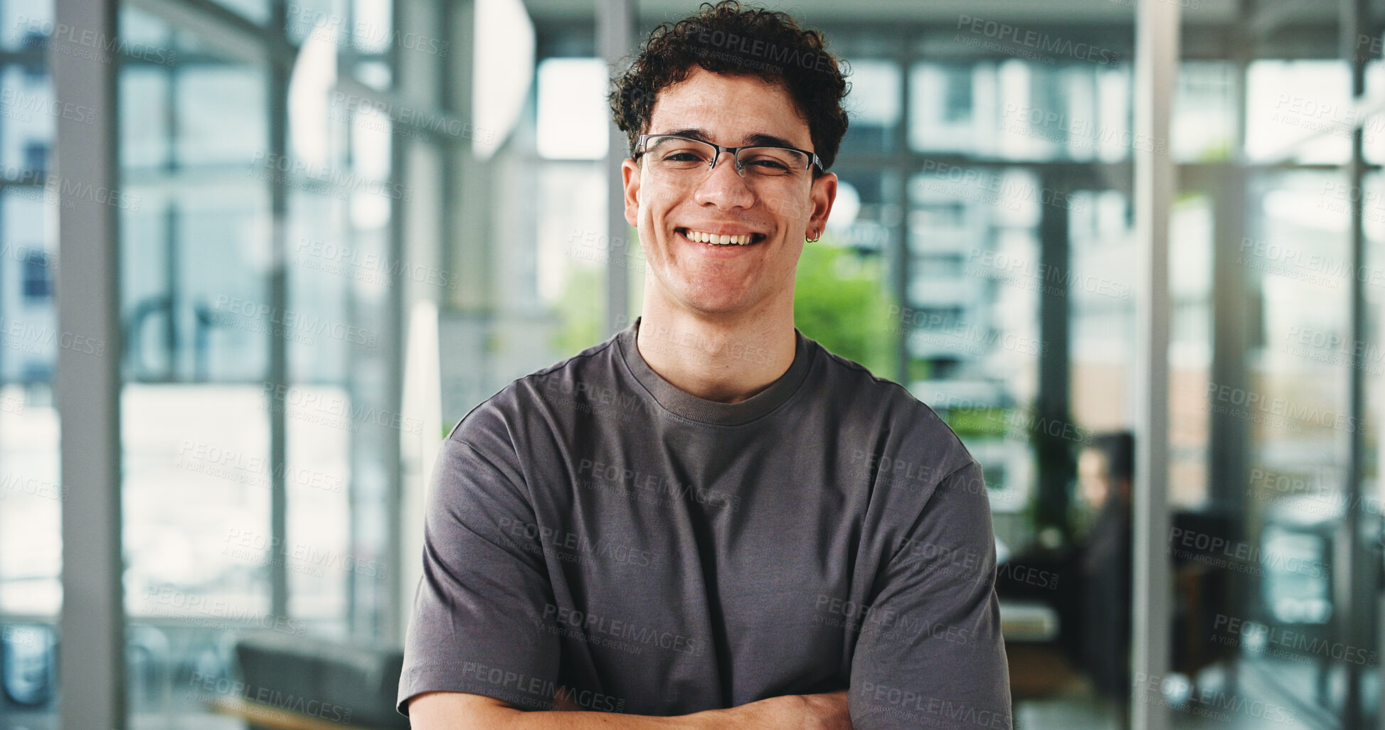 Buy stock photo Portrait, programmer and man with arms crossed, smile and glasses with confidence. Happy person, employee and career ambition in workplace, eyewear or business owner with web designer or clear vision