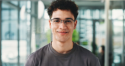 Buy stock photo Happy, creative and man with portrait in office for career pride, about us and reporting news. Smile, journalist and confident of ambition, copywriting experience and internship at publication agency
