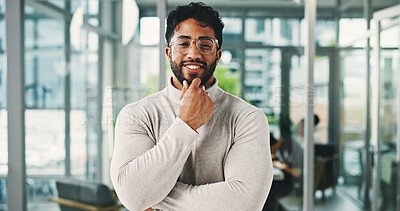 Buy stock photo Portrait, employee and man with smile, office and pride for financial growth and career development. Corporate, investment banker and person with opportunity for business, confident and ambitious