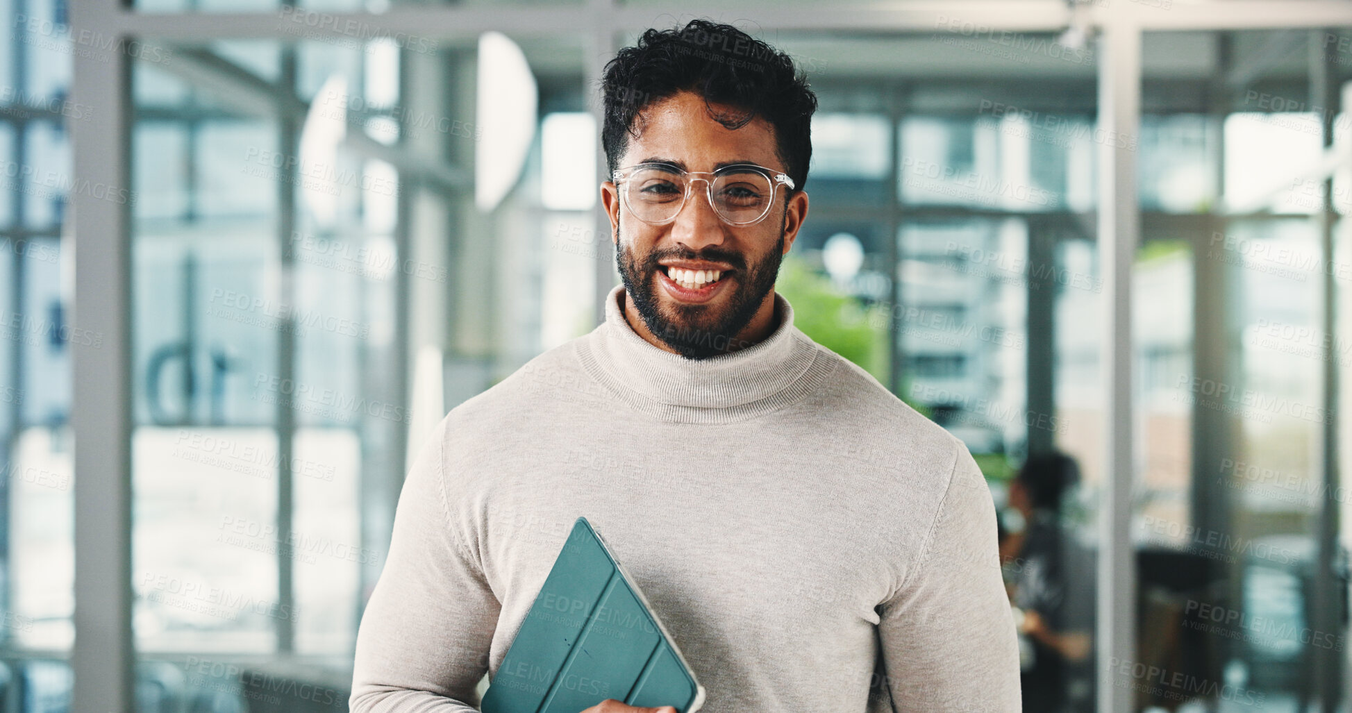 Buy stock photo Happy, tablet and portrait of businessman in office with confidence for creative career with growth. Smile, professional and male magazine editor with pride for job development in workplace in Mexico