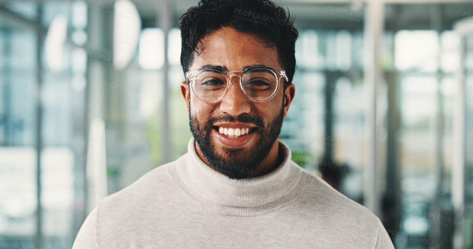 Buy stock photo Portrait, creative and man with glasses in office for career pride, about us and reporting news. Happy, person and confident with ambition, copywriting experience and internship at publication agency