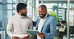 Happy, businessmen and discussion with tablet in office for collaboration, project proposal or idea. Men, employees or colleagues with smile, documents or technology for business strategy or report