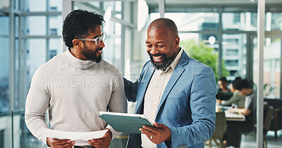 Buy stock photo Happy, businessmen and discussion with tablet in office for collaboration, project proposal or idea. Men, employees or colleagues with smile, documents or technology for business strategy or report