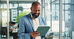 Tablet, smile and business man in office for financial report, email or communication online. Tech, mature consultant and person in workplace with investment feedback, wealth management or research