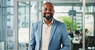 Buy stock photo Portrait, financial advisor or black man in business office for career development, pride or about us. Investment management, professional or mature consultant in workplace, confident or opportunity