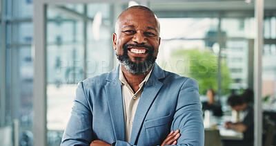 Buy stock photo Portrait, employee and man with arms crossed, office and happy for career development and confident. Corporate, investment banker and mature person with opportunity for business, smile and ambitious