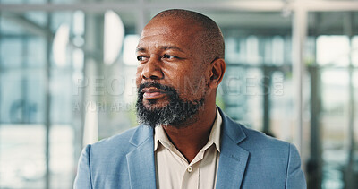 Buy stock photo Business, management and thinking with black man in office for decision, planning or vision. Corporate, experience and ideas with mature African manager in professional workplace for development