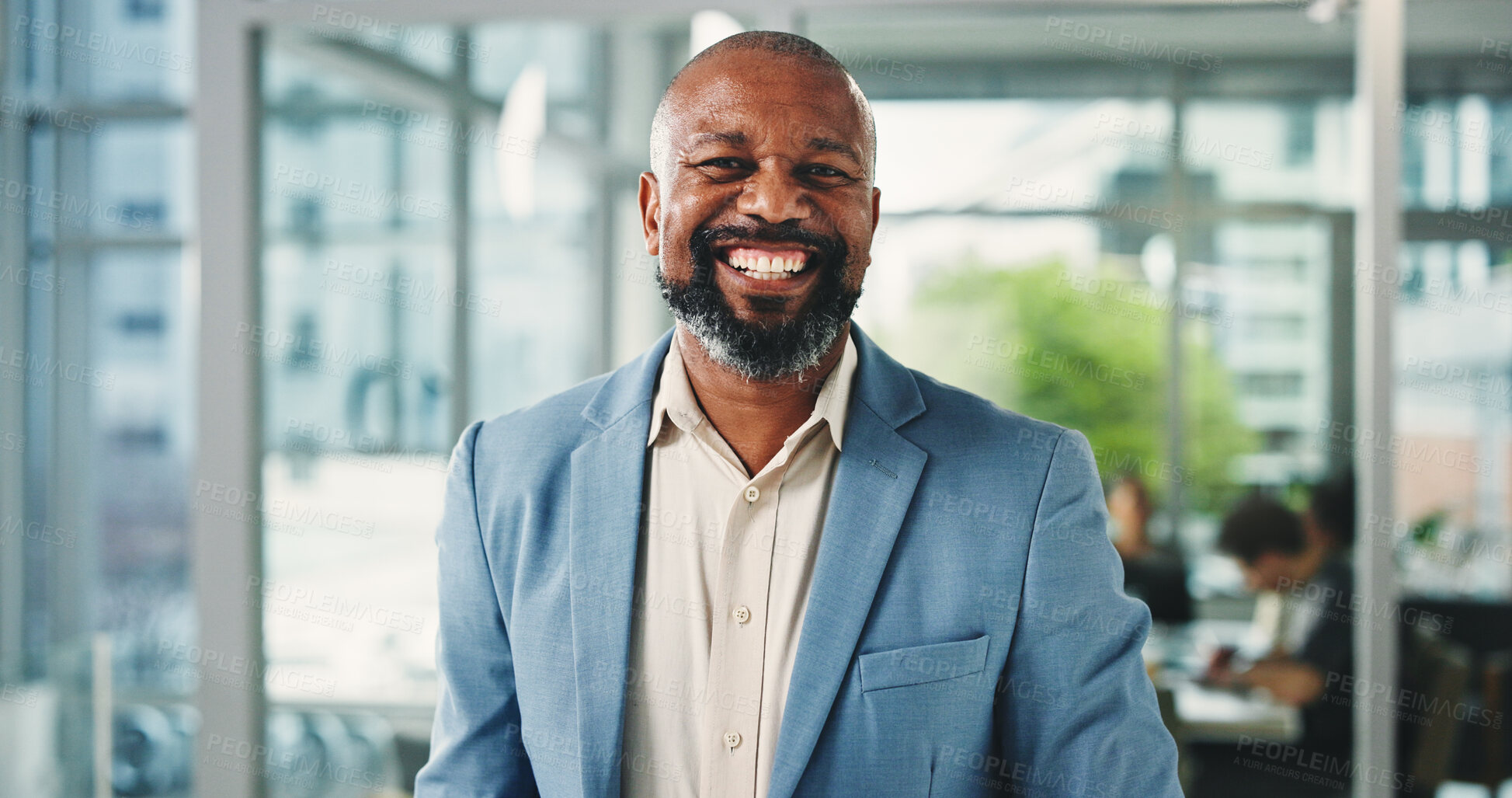 Buy stock photo Portrait, financial advisor or black man in office for career growth, happiness or pride for about us. Investment manager, professional or mature person smile for opportunity, confident or workplace