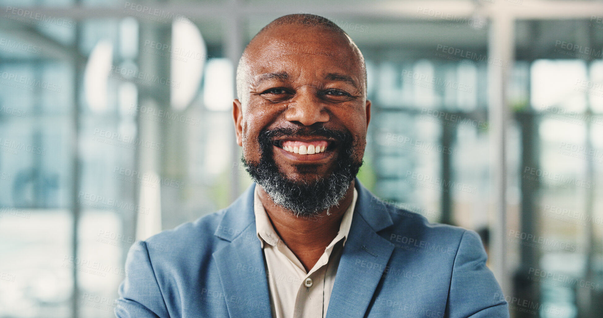 Buy stock photo Happy, professional and portrait of mature black man in office with confidence for finance career. Smile, face and African financial manager with pride for job development in workplace in Kenya.