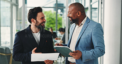 Buy stock photo Financial advisor, tablet and men with documents, smile and conversation for investment deal. People, teamwork or investors with tech, planning or email for trading portfolio, internet or digital app