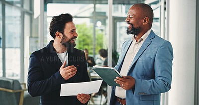 Buy stock photo Business, men and document with tablet in office for accounting, finance report and company growth. People, laugh or digital with financial paperwork, profit increase and investment proposal in lobby