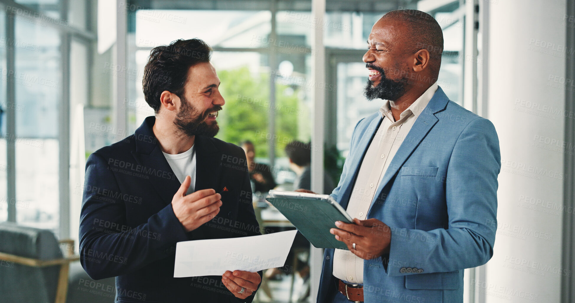 Buy stock photo Business, men and document with tablet in office for accounting, finance report and company growth. People, laugh or digital with financial paperwork, profit increase and investment proposal in lobby