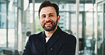 Happy, business and man with portrait in office for career pride, about us and reporting news. Happy, journalist and confident with ambition, copywriting experience and employee at publication agency