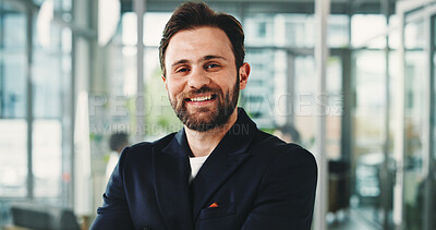 Buy stock photo Happy, business and man with portrait in office for career pride, about us and reporting news. Happy, journalist and confident with ambition, copywriting experience and employee at publication agency