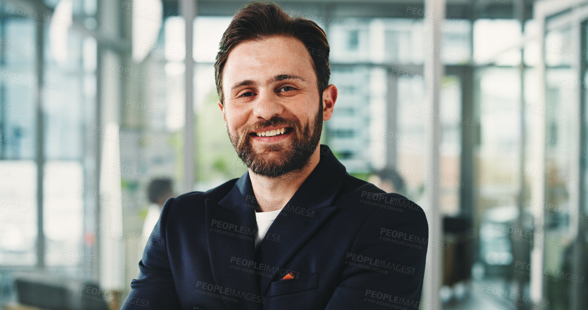 Buy stock photo Happy, business and man with portrait in office for career pride, about us and reporting news. Happy, journalist and confident with ambition, copywriting experience and employee at publication agency